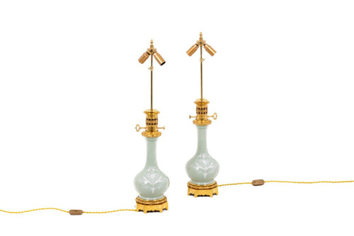 Pair Of Louis XVI Style Celadon Porcelain Lamp, Circa 1880 - Ls4364591