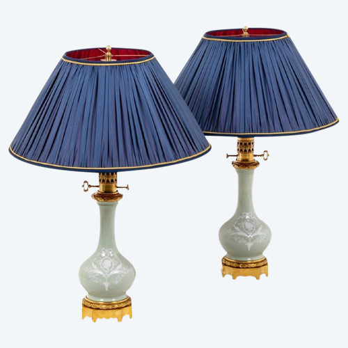 Pair Of Louis XVI Style Celadon Porcelain Lamp, Circa 1880 - Ls4364591