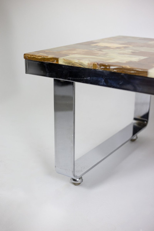 Coffee Table In Onyx And Chromed Metal, 1970s - Ls4303201
