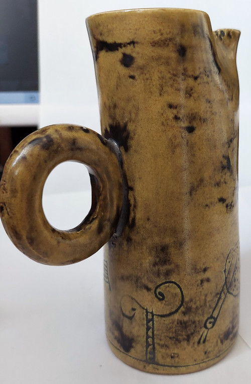 Vintage French ceramic vase pitcher by Jacques Blin (circa 1950s) Maron vase Shadock bird decor