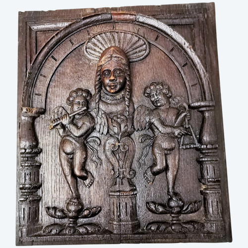 17th century oak panel carved with a Virgin between two Musician Angels, height 48 x width 41 cm