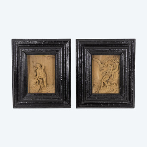 Pair Of Small Carved Paintings, Circa 1880 - OP239201