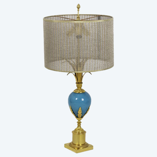 Lampe aus türkisfarbenem Opalglas und vergoldeter Bronze, 1970er Jahre – Op479721