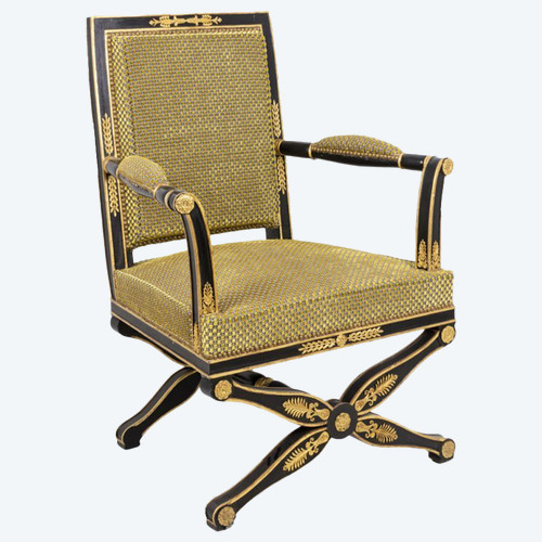 Fauteuil Style Empire Laqué Noir Et Or, Circa 1900 - Ls27441001