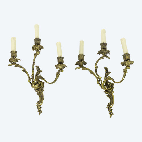 Pair Of Louis XV Style Sconces In Gilt Bronze, 1950s - Op480151