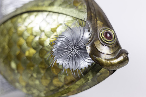 Pesce In Foglie Di Rame, Ottone E Peltro, Anni '70 - Op44281