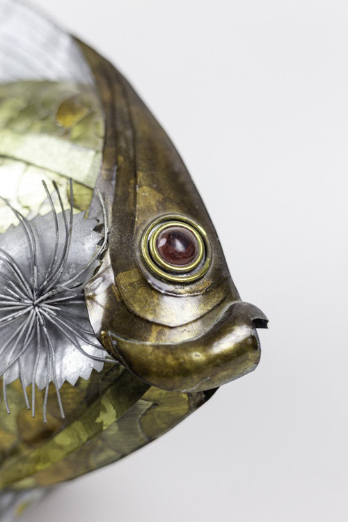 Pesce In Foglie Di Rame, Ottone E Peltro, Anni '70 - Op44281