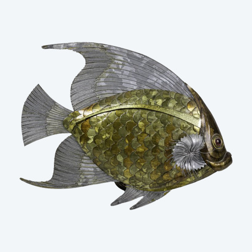 Pesce In Foglie Di Rame, Ottone E Peltro, Anni '70 - Op44281