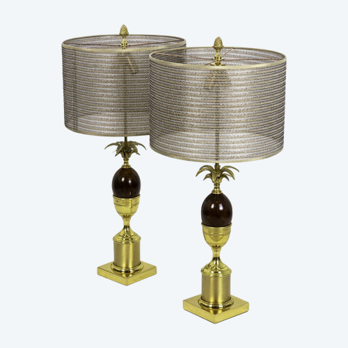 Pair Of Egg Lamps In Bakelite And Gilt Bronze, 1970s - Ls4221/4223571