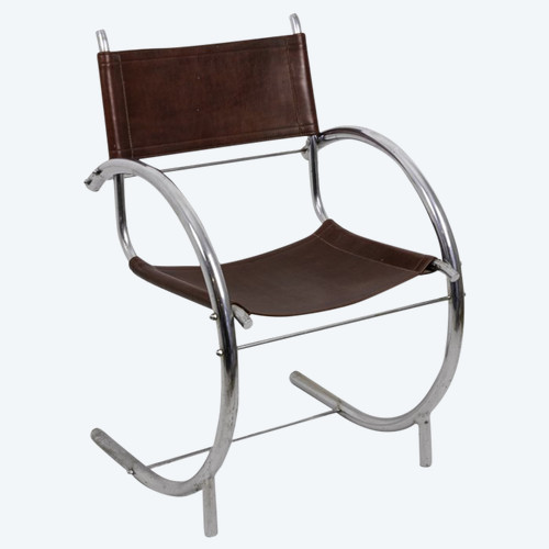 Armchair In Chromed Metal And Red Leather, 1930s - Ls3932651