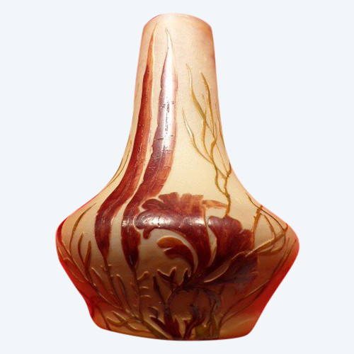 Glass paste vase signed Legras with acid-etched decoration of seaweed and aquatic plants on an orange-yellow opacified background, height 23 cm