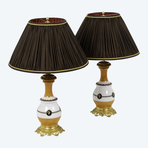 Coppia di lampade in porcellana bianca e arancione, 1880 circa - Ls3584581