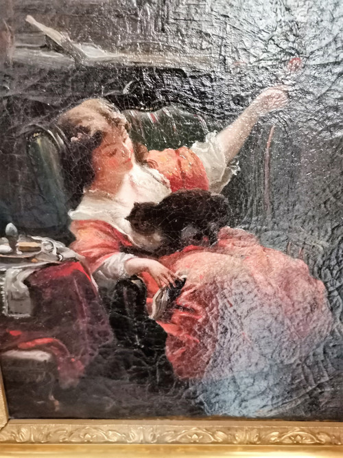 Gemälde Öl auf Leinwand Frau mit Katze orientalische Schule unsigniert Höhe 47,5 Breite 40,5 Tiefe 7 cm