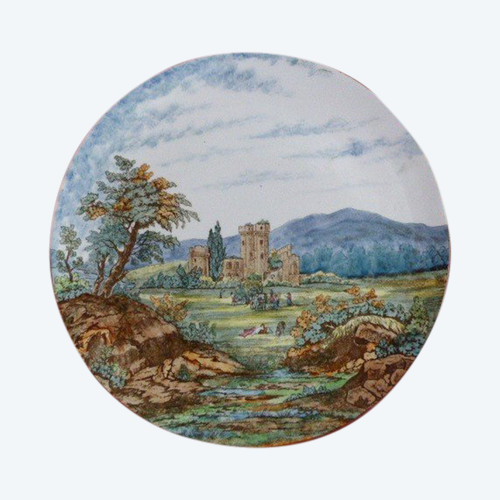Raro piatto Gien con decoro forte e paesaggio diam 29,8 cm