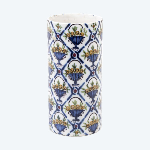 Polychrome Steingutvase, Dekor aus Klammern und Blumenvasen, 1950er Jahre – OP283