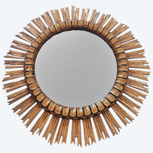 Old sun mirror mid-twentieth contour wood material diameter 63.4 cm