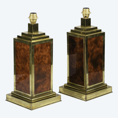 Paire De Lampes En Bakélite Et Laiton Doré, Années 1970 - Ls4113301