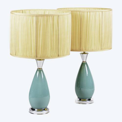 Ein Paar Lampen aus blauem Porzellan und silbernem Messing, 1970er Jahre - Ls3278571