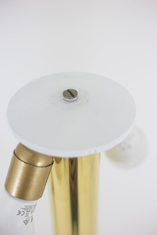 Lampada da terra in legno e ottone dorato, anni '70 - Ls4168401
