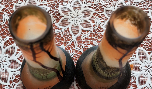 Pair of small acid-etched glass vases decorated with a lake scene high 16 neck 2.7 base 6.4 cm