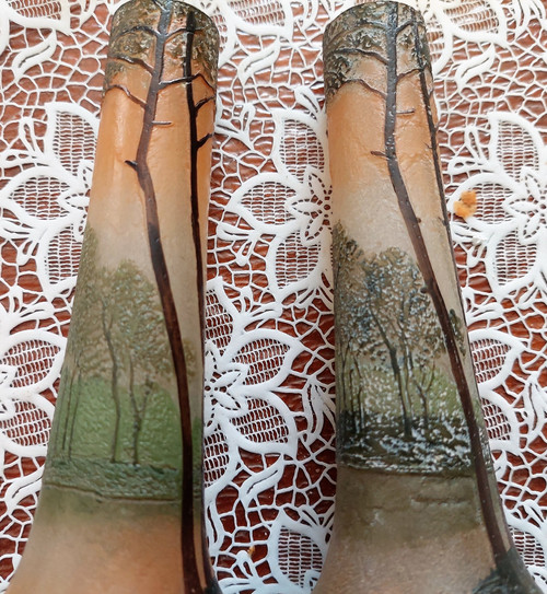Pair of small acid-etched glass vases decorated with a lake scene high 16 neck 2.7 base 6.4 cm