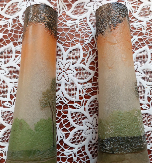 Pair of small acid-etched glass vases decorated with a lake scene high 16 neck 2.7 base 6.4 cm