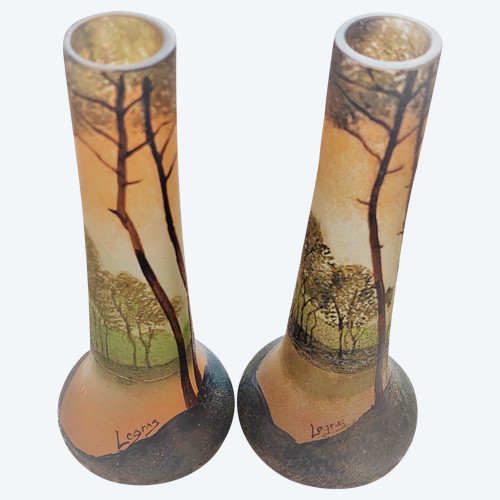 Pair of small acid-etched glass vases decorated with a lake scene high 16 neck 2.7 base 6.4 cm