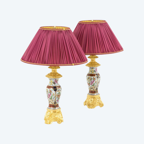 Paire De Lampes En Porcelaine Valentine Et Bronze Doré, Circa 1880 - Ls41221171
