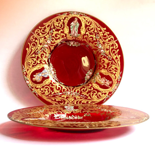 Pair of cups and saucers in ruby red enamelled Venetian glass