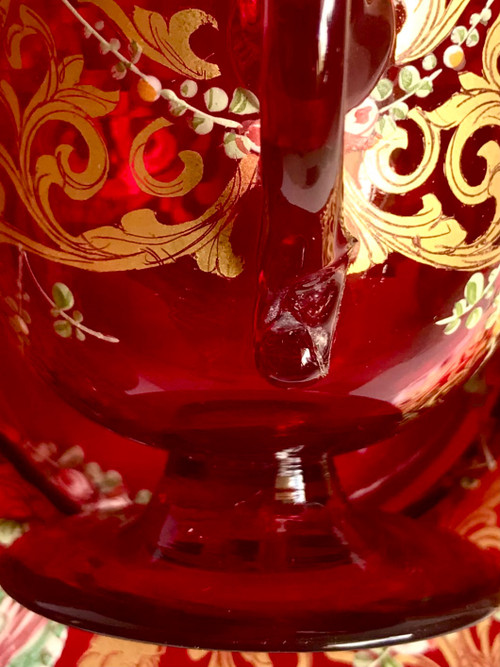Pair of cups and saucers in ruby red enamelled Venetian glass