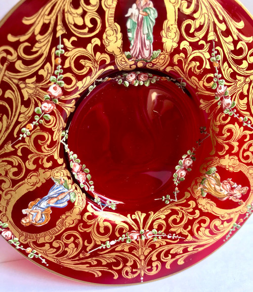Pair of cups and saucers in ruby red enamelled Venetian glass