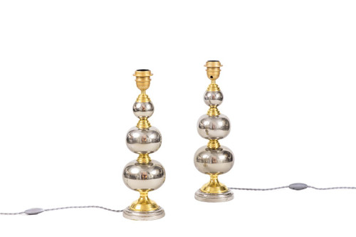 Paire De Lampes Chapelet En Métal Chromé Et Doré, Années 1970 - Ls3888341
