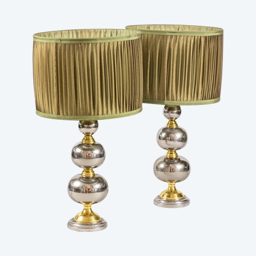 Paire De Lampes Chapelet En Métal Chromé Et Doré, Années 1970 - Ls3888341