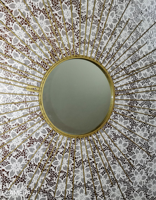 Ancien miroir soleil mural  en laiton doré  dans l'esprit de (Chaty Vallauris)