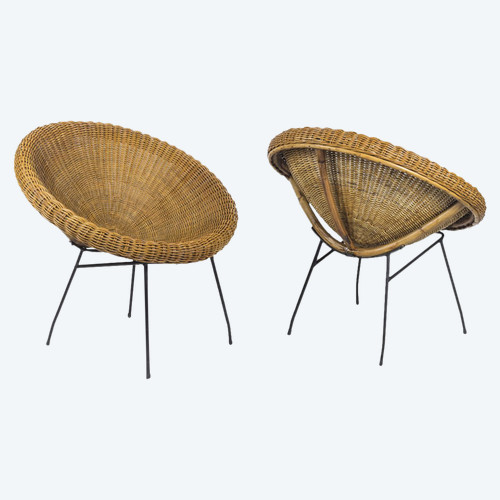 Coppia di sedie da sole in vimini nero e metallo, anni '50 - LS3953801