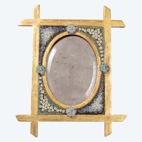 Petit Miroir De Table En Mosaïque Et Bois Doré, XIXe Siècle - LS2932371