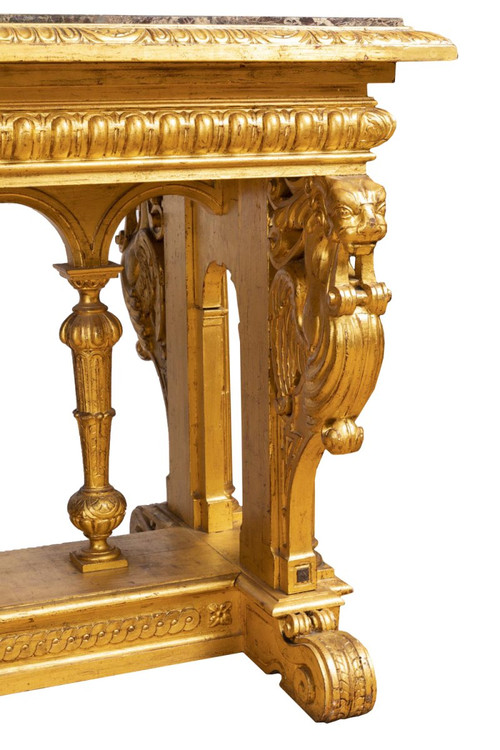 Table De Style Renaissance En Bois Doré Et Marbre, XIXème Siècle - LS26383501