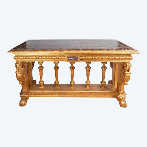 Table De Style Renaissance En Bois Doré Et Marbre, XIXème Siècle - LS26383501