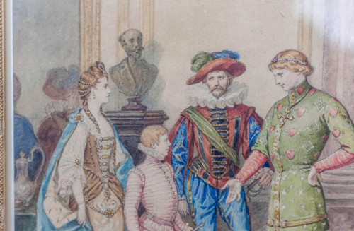 Acquerello, "Scena di ballo in costume", cornice in legno dorato, 1850 circa - LS3786221