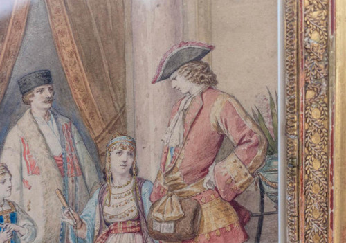 Acquerello, "Scena di ballo in costume", cornice in legno dorato, 1850 circa - LS3786221