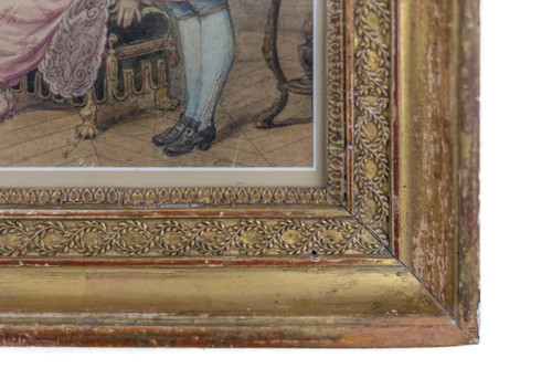 Acquerello, "Scena di ballo in costume", cornice in legno dorato, 1850 circa - LS3786221