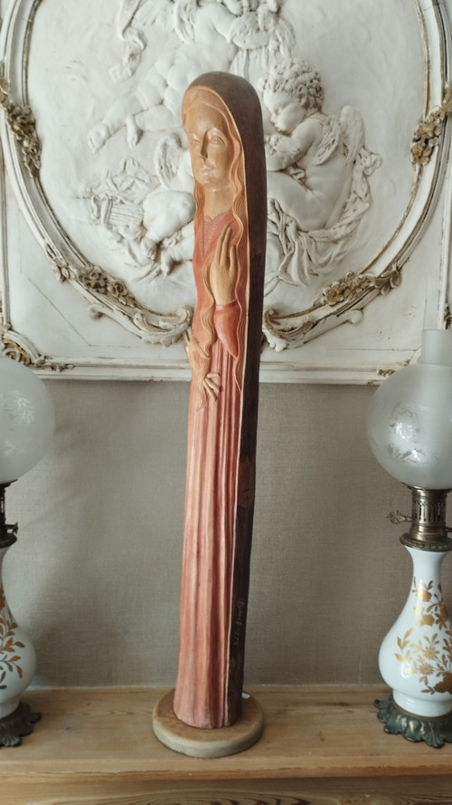 Stylized Madonna in polychrome wood by Ray Boterf-circa 1970