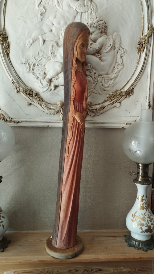 Stylized Madonna in polychrome wood by Ray Boterf-circa 1970