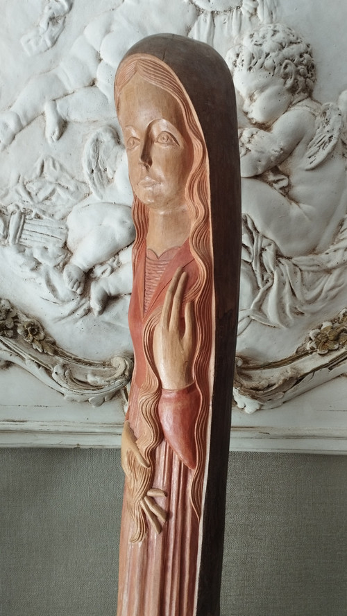 Stylized Madonna in polychrome wood by Ray Boterf-circa 1970
