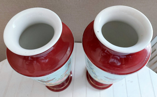 Pair of Napoleon 3 vases in porcelain with basket and butterfly decor, height 33 cm