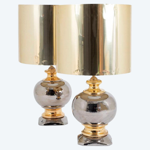 Coppia di lampade a sfera in ceramica con lustro argentato e dorato, circa 1960 - LS3297/3731/251