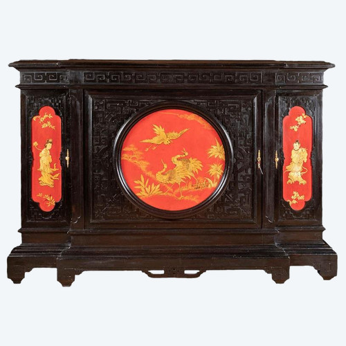 Grand Meuble D’appui Chinoisant En Bois Laqué Noir, Rouge Et Or, Vers 1880 - LS37661501