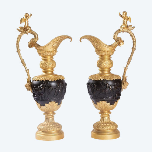 Clodion, Paire D'aiguières En Bronze à Deux Patines, Fin Du XIXème Siècle - LS14147851