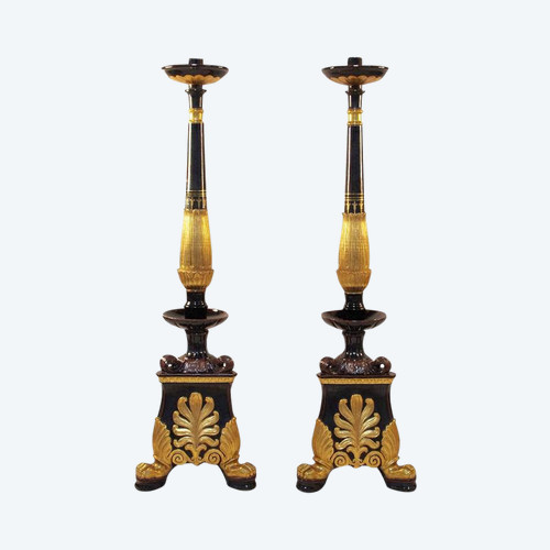Pair De Torchères En Faïence Noire Et Dorée, Restoration Style, Circa 1950 - LS32161801