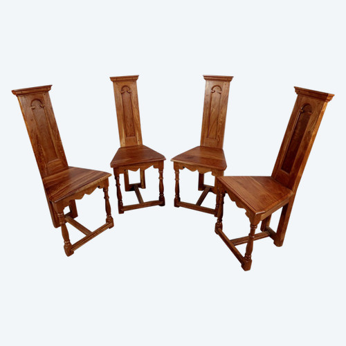 Suite of 4 Chairs in Solid Mahogany, Cathedral taste - XXth